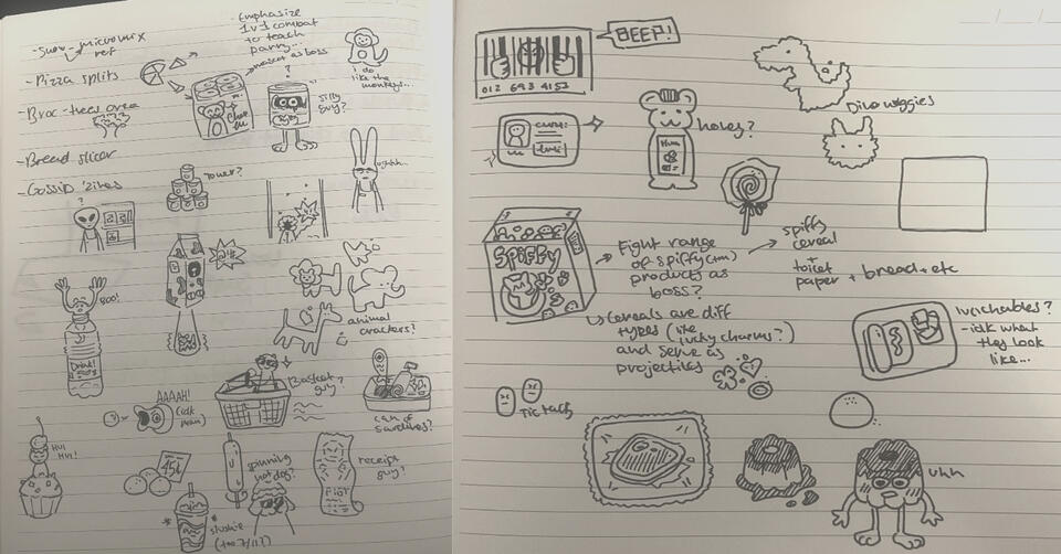 Brainstorming doodles in my sketchbook for a planned Grocery Store level: whenever we started a new level, we always liked to explore as many ideas based on the setting as possible.