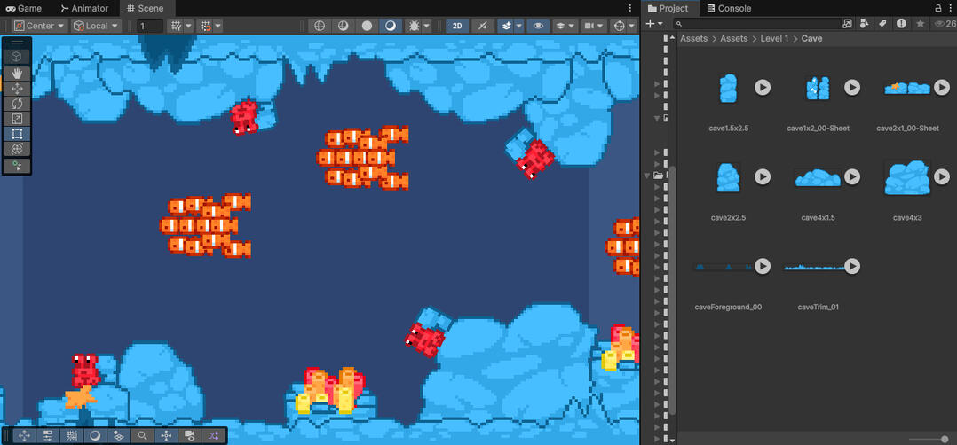 Modular rock sprites in-engine being used to create a more diverse level with fewer assets.