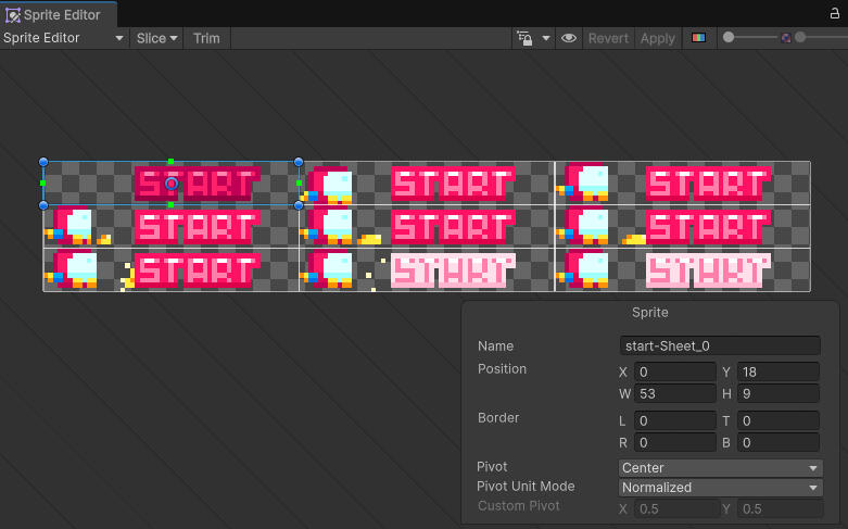 Our Start Button sprite-sheet in Unity's Sprite Editor.