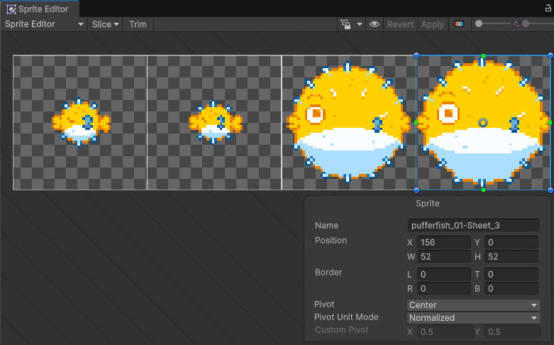 Our pufferfish sprite-sheet in Unity's Sprite Editor.