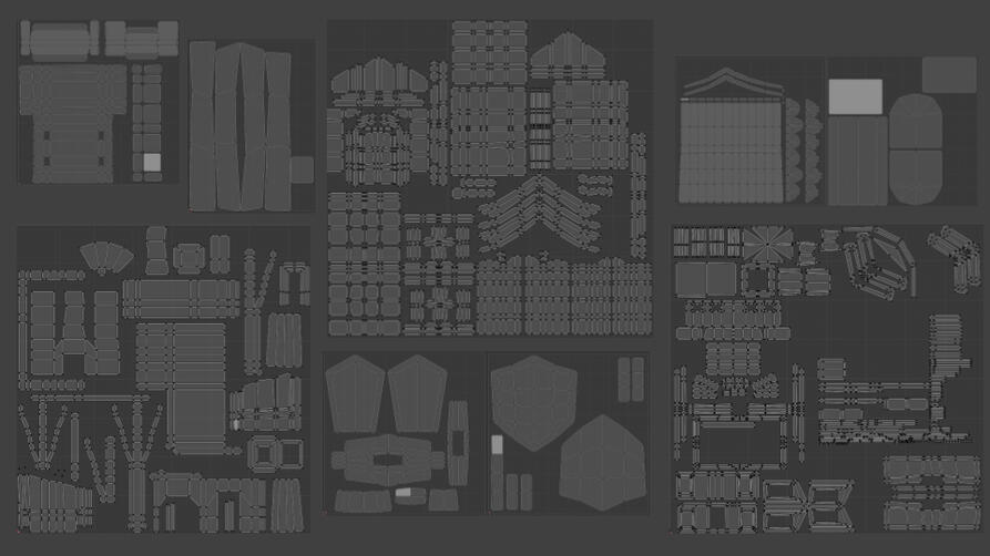 Various UV Maps, (clockwise from top-left): Market Stall Table, Market Stall Posts, House, Market Stall Awning and Chest, Town Hall, Chest, Sword, Blacksmith's