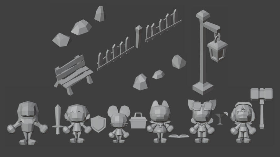 Various Models, (clockwise from top-left): Rocks, Bench, Modular Fence Set, Lamppost, Various Characters and their Weapons