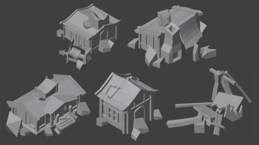 Destroyed Building Models, (clockwise from top-left): Church, Blacksmith's, Market Stall, House, Town Hall