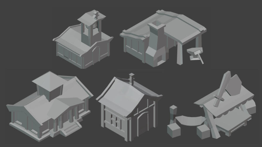 Building Models, (clockwise from top-left): Church, Blacksmith's, Market Stall, House, Town Hall